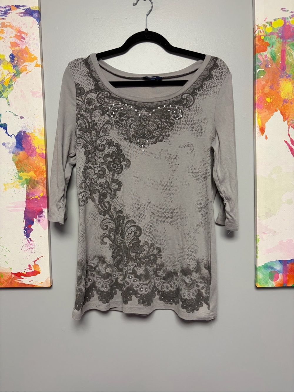 Reitmans Light Gray Scoop Neck Embellished Long Sleeve Top